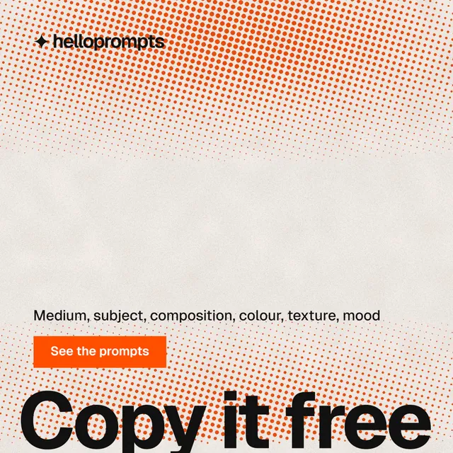 Instagram post for HelloPrompts: "The art of speaking to machines." Swiss style, oversized layout, light palette in orange.