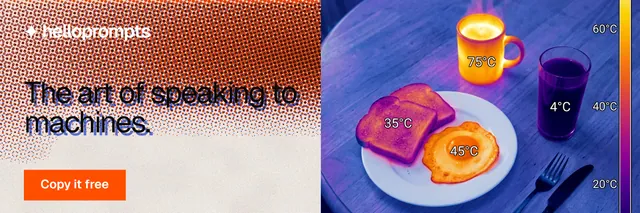 X header for HelloPrompts: "The art of speaking to machines." Swiss style, bottom layout, light palette in blue, red, orange.