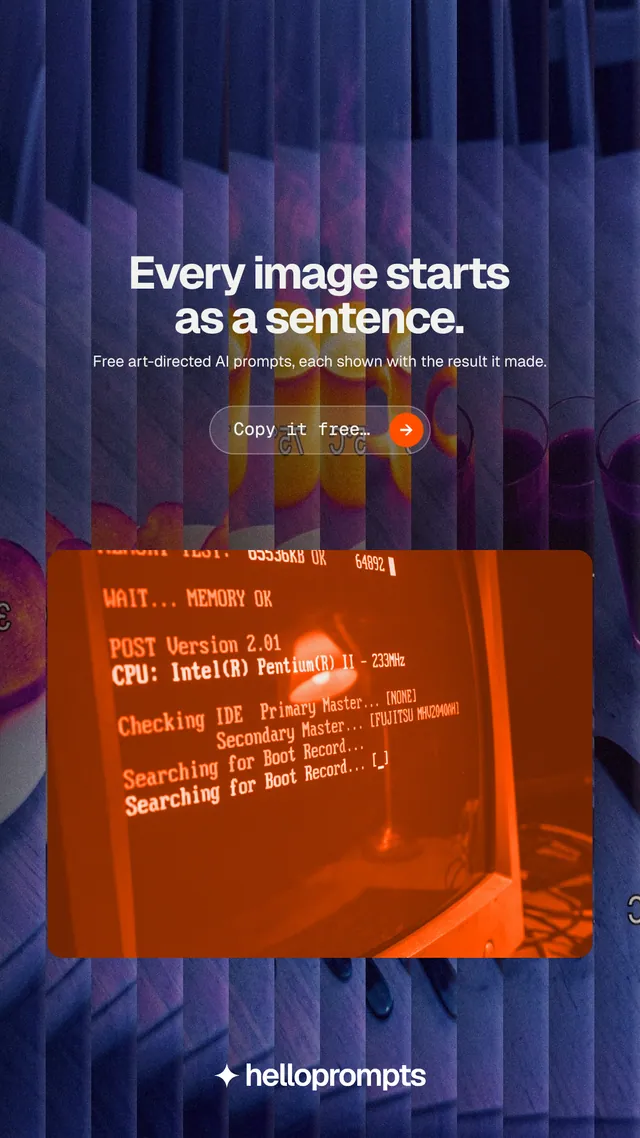 Instagram story for HelloPrompts: "Every image starts as a sentence." Agentic glass style, centred layout, dark palette in blue, red, grey.