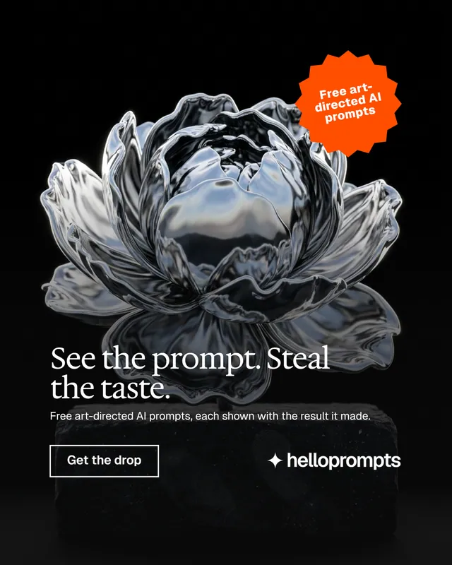 Instagram portrait post for HelloPrompts: "See the prompt. Steal the taste." Editorial style, sticker layout, dark palette in black, grey.