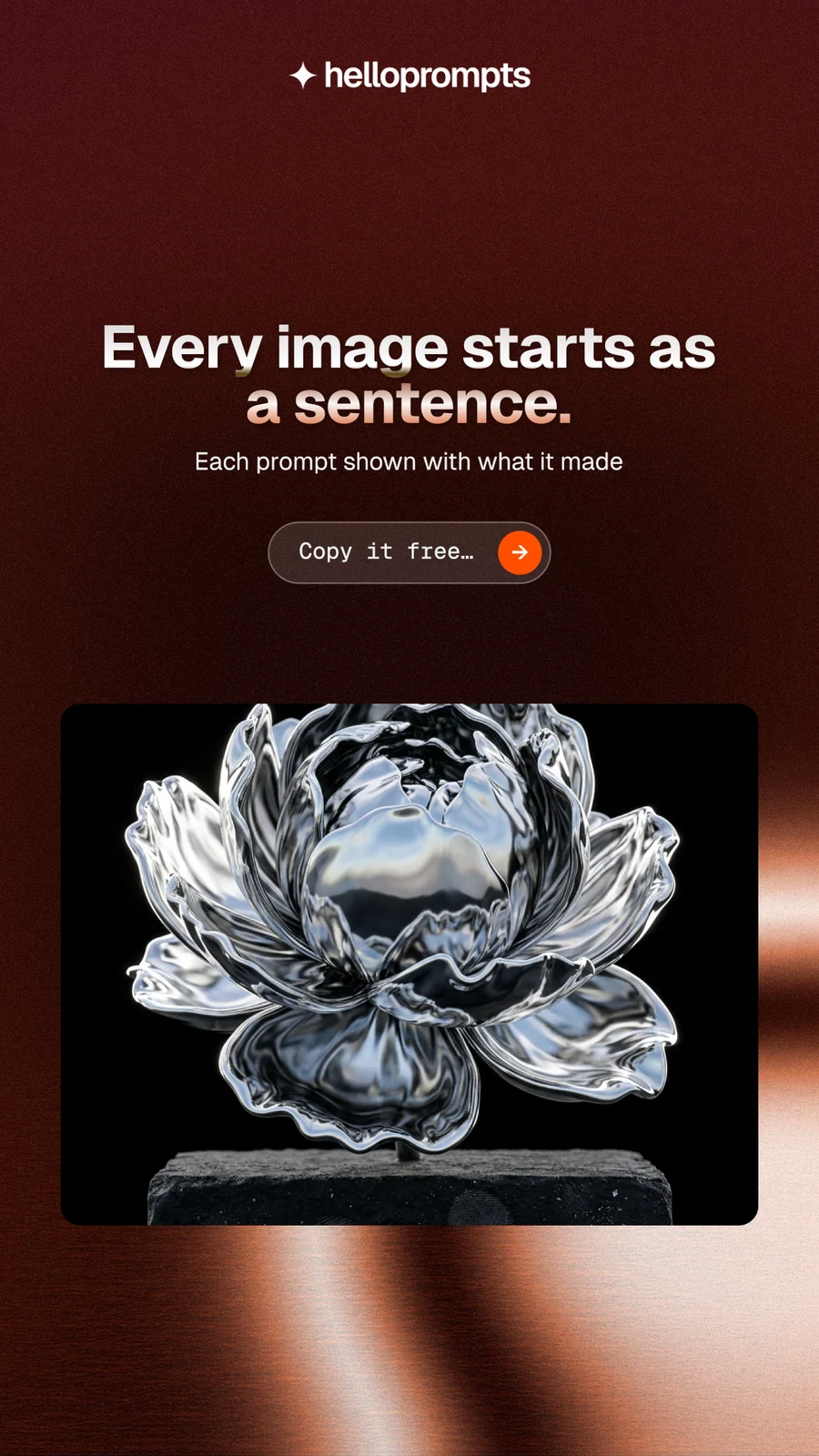 Instagram story for HelloPrompts: "Every image starts as a sentence." Agentic glass style, centred layout, dark palette in red, black, grey.