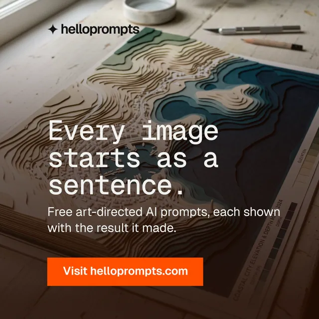 Instagram post for HelloPrompts: "Every image starts as a sentence." Swiss style, skeleton layout, dark palette in grey, orange, black.