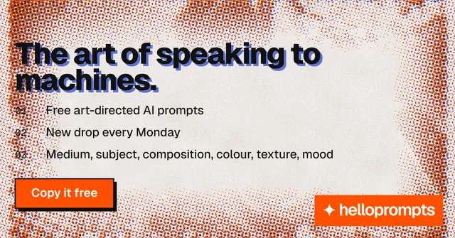 Social ad for HelloPrompts: "The art of speaking to machines." Brutalist style, numbered layout, light palette in red, orange.