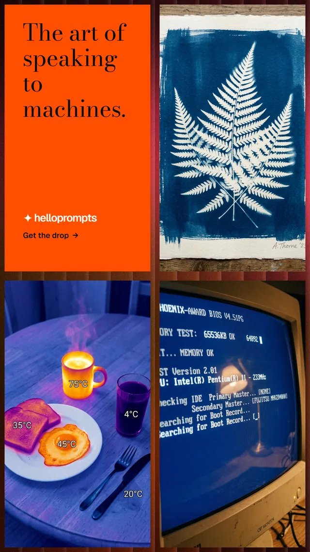 Instagram story for HelloPrompts: "The art of speaking to machines." Minimal luxury style, collage layout, dark palette in blue, red, grey.