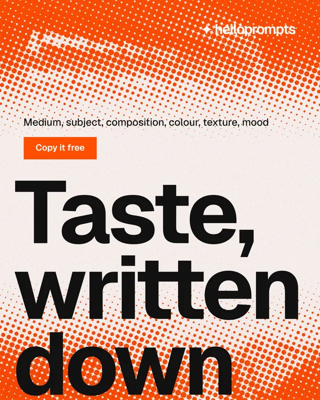 Instagram portrait post for HelloPrompts: "The art of speaking to machines." Split block style, oversized layout, light palette in white, orange.
