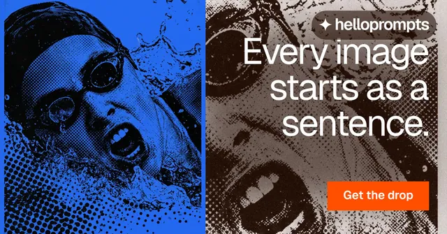 Social ad for HelloPrompts: "Every image starts as a sentence." Swiss style, right layout, dark palette in black, blue, grey.