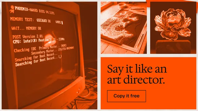 Landscape graphic for HelloPrompts: "Say it like an art director." Editorial style, collage layout, dark palette in orange.