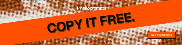 LinkedIn banner for HelloPrompts: "Copy it free." Brutalist style, diagonal layout, light palette in orange, brown.