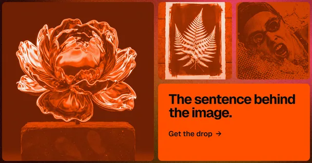 Social ad for HelloPrompts: "The sentence behind the image." Agentic glass style, collage layout, dark palette in orange.