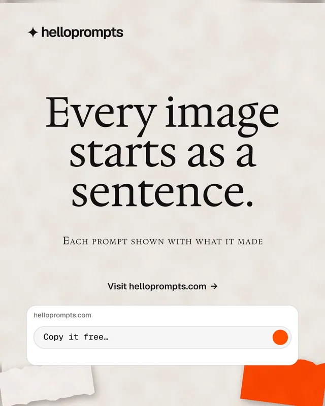 Instagram portrait post for HelloPrompts: "Every image starts as a sentence." Retro print style, smallcaps layout, light palette in orange, white.