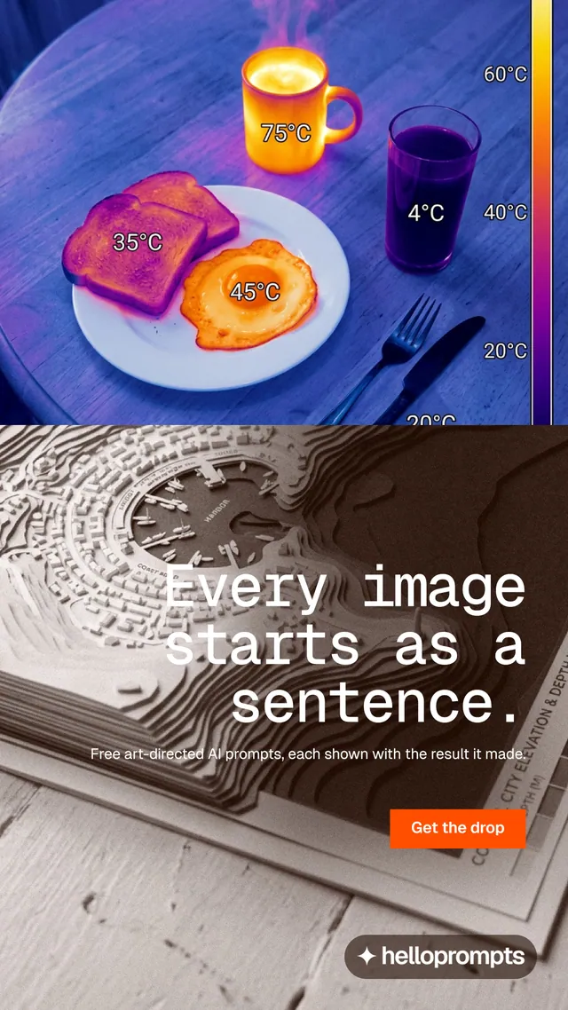 Instagram story for HelloPrompts: "Every image starts as a sentence." Swiss style, right layout, light palette in purple, blue, grey.