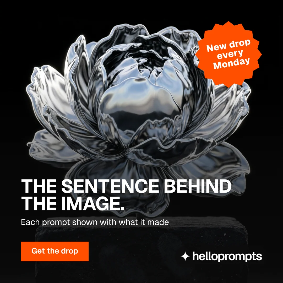 Instagram post for HelloPrompts: "The sentence behind the image." Swiss style, sticker layout, dark palette in grey, orange, black.
