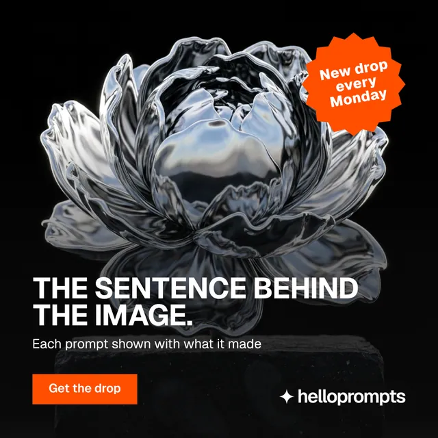 Instagram post for HelloPrompts: "The sentence behind the image." Swiss style, sticker layout, dark palette in grey, orange, black.