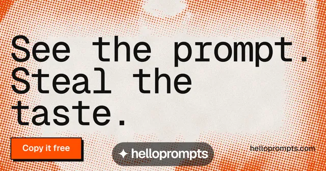 Social ad for HelloPrompts: "See the prompt. Steal the taste." Brutalist style, poster layout, light palette in orange, brown.
