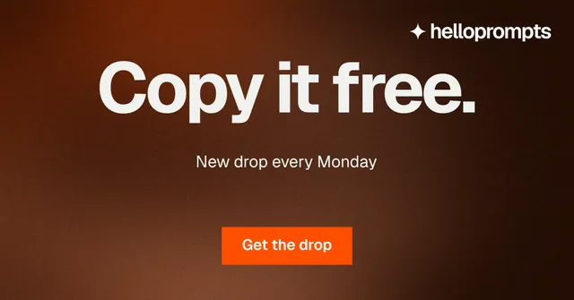 Social ad for HelloPrompts: "Copy it free." Swiss style, centred layout, dark palette in orange, black.