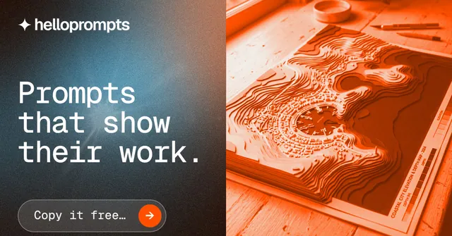 Social ad for HelloPrompts: "Prompts that show their work." Agentic glass style, bottom layout, dark palette in black, orange, brown.