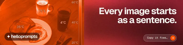 LinkedIn banner for HelloPrompts: "Every image starts as a sentence." Agentic glass style, right layout, dark palette in red, orange.