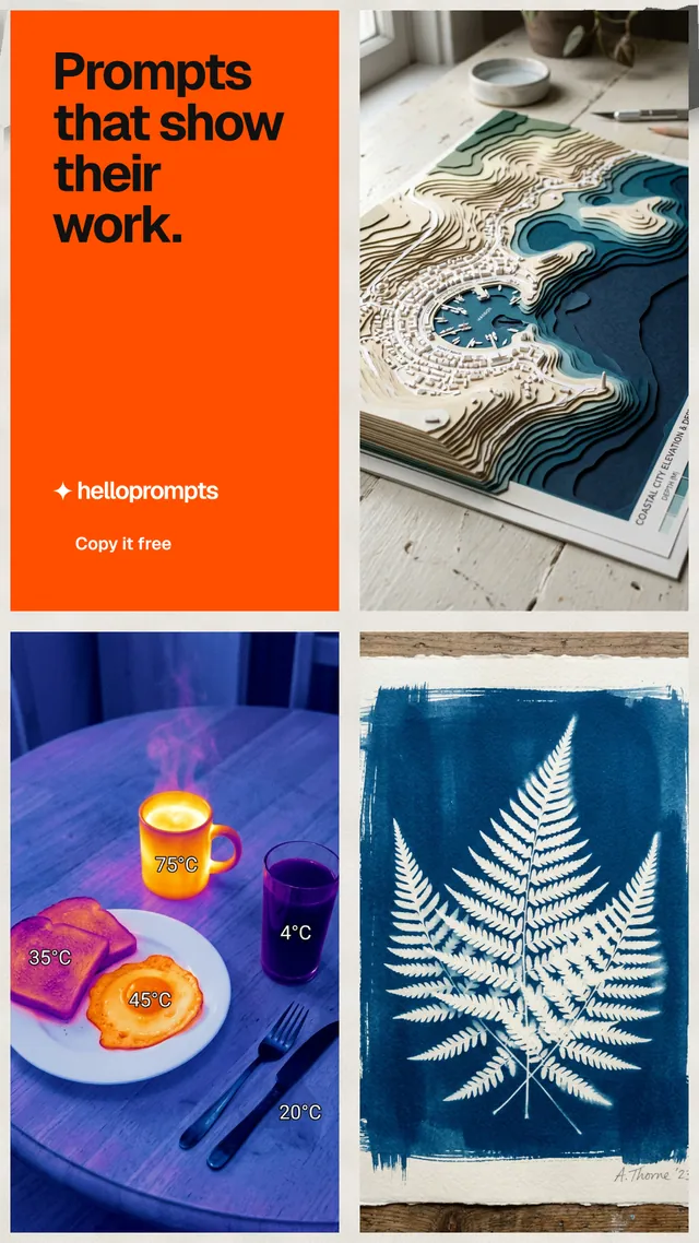 Instagram story for HelloPrompts: "Prompts that show their work." Swiss style, collage layout, light palette in blue, orange, grey.