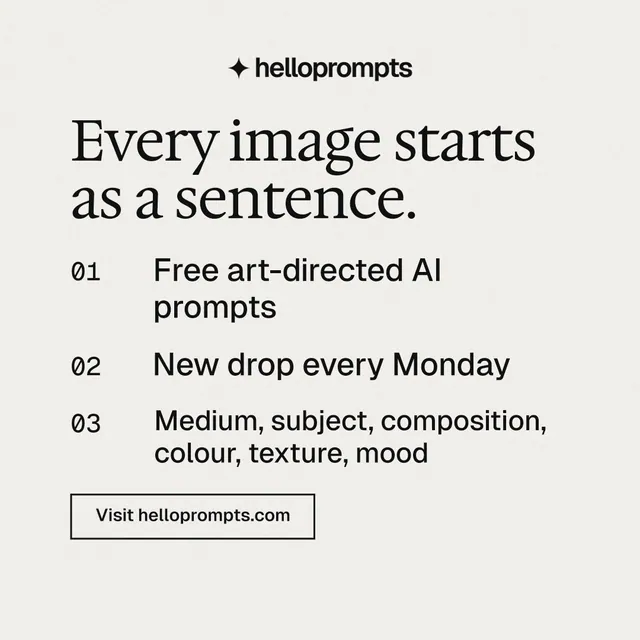 Instagram post for HelloPrompts: "Every image starts as a sentence." Editorial style, numbered layout, light palette in white, grey.