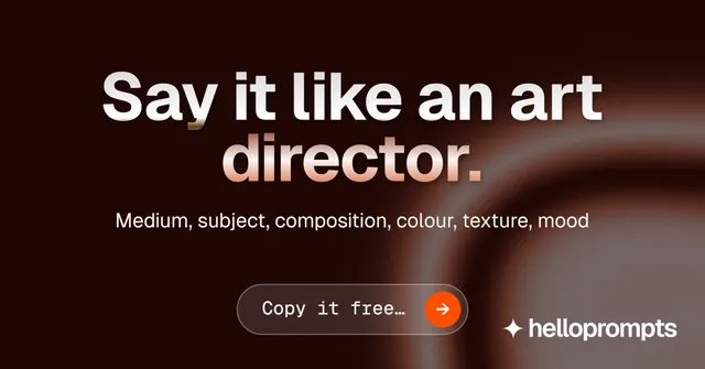 Social ad for HelloPrompts: "Say it like an art director." Agentic glass style, centred layout, dark palette in black, grey, red.