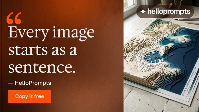 Landscape graphic for HelloPrompts: "Copy it free." Swiss style, quote layout, dark palette in orange, brown, grey.