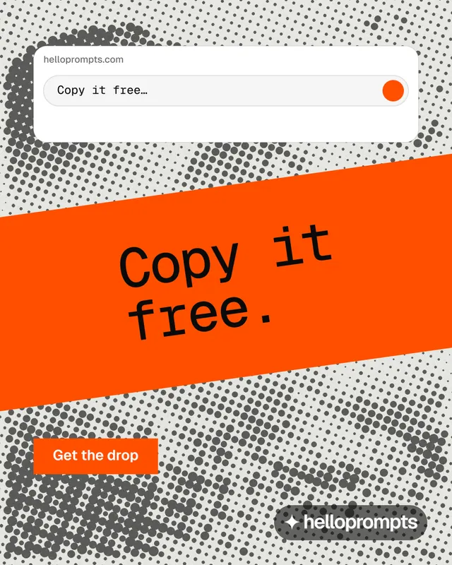 Instagram portrait post for HelloPrompts: "Copy it free." Swiss style, diagonal layout, light palette in orange, white, grey.
