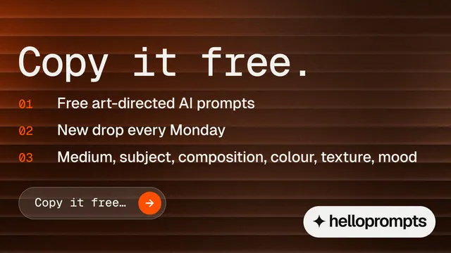Landscape graphic for HelloPrompts: "Copy it free." Agentic glass style, numbered layout, dark palette in orange, black, grey.