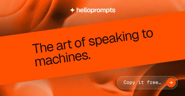 Social ad for HelloPrompts: "The art of speaking to machines." Agentic glass style, diagonal layout, dark palette in orange.