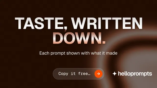 Landscape graphic for HelloPrompts: "Taste, written down." Agentic glass style, centred layout, dark palette in black, grey, orange.
