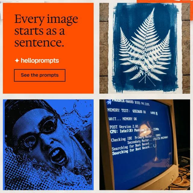 Instagram post for HelloPrompts: "Every image starts as a sentence." Editorial style, collage layout, dark palette in blue, red, white.