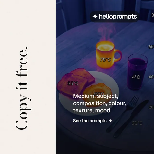 Instagram post for HelloPrompts: "Copy it free." Minimal luxury style, vertical layout, light palette in blue, white, black.