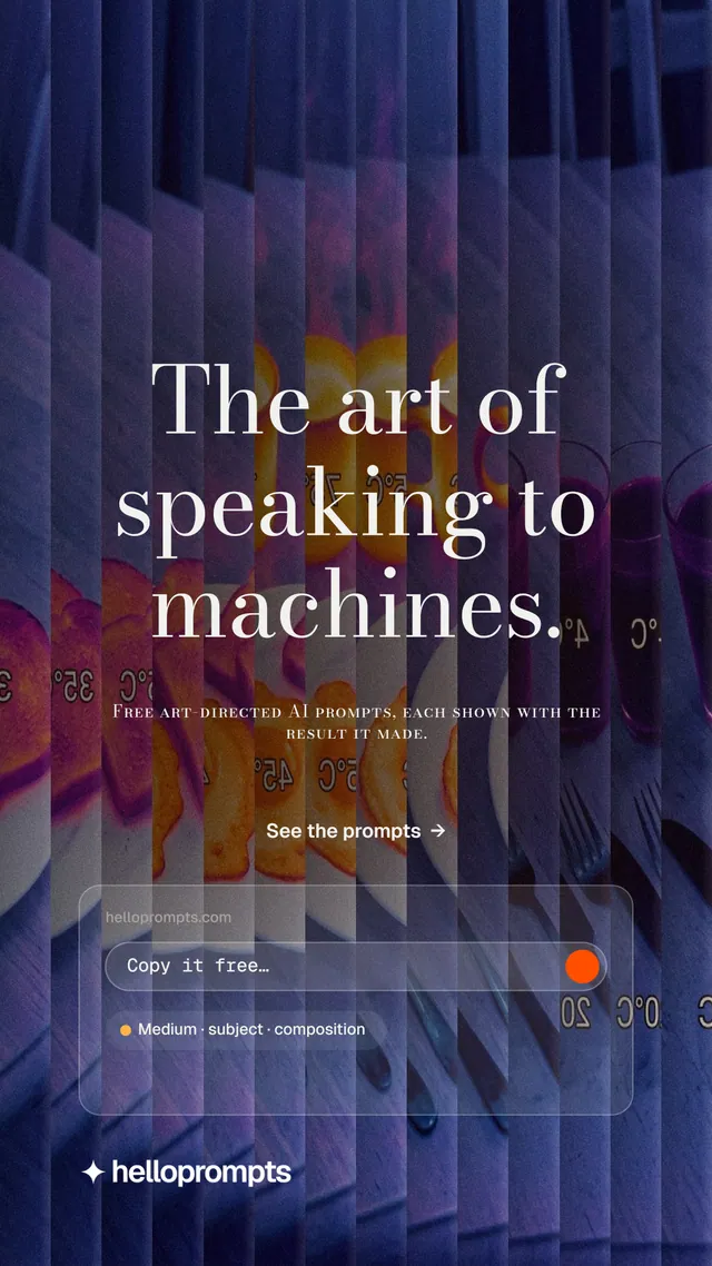Instagram story for HelloPrompts: "The art of speaking to machines." Minimal luxury style, smallcaps layout, dark palette in blue, purple, grey.