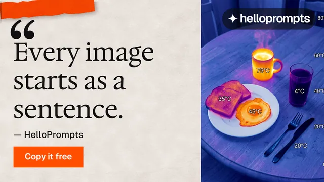 Landscape graphic for HelloPrompts: "Say it like an art director." Swiss style, quote layout, light palette in orange, purple, grey.