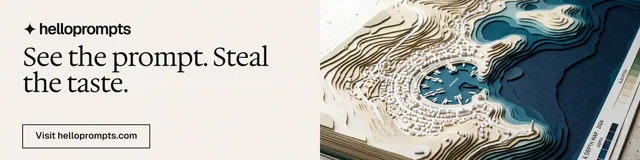 LinkedIn banner for HelloPrompts: "See the prompt. Steal the taste." Editorial style, bottom layout, light palette in white, grey, blue.