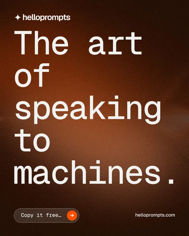Instagram portrait post for HelloPrompts: "The art of speaking to machines." Agentic glass style, poster layout, dark palette in black, orange, brown.