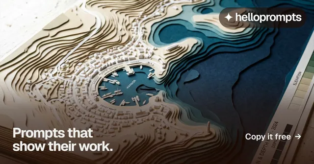 Social ad for HelloPrompts: "Prompts that show their work." Swiss style, image led layout, dark palette in black, grey, blue.
