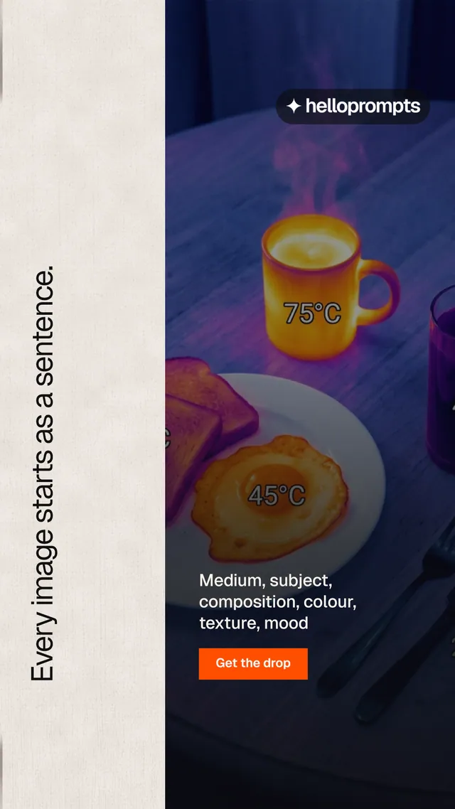 Instagram story for HelloPrompts: "Every image starts as a sentence." Swiss style, vertical layout, dark palette in purple, black, orange.