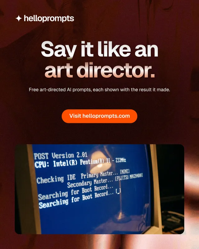 Instagram portrait post for HelloPrompts: "Say it like an art director." Y2K style, centred layout, dark palette in red, black, purple.