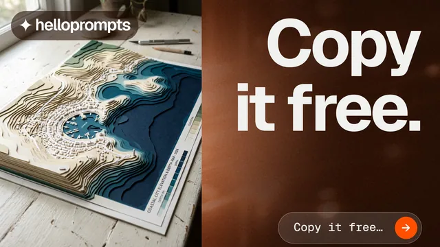 Landscape graphic for HelloPrompts: "Copy it free." Agentic glass style, right layout, dark palette in white, black, grey.