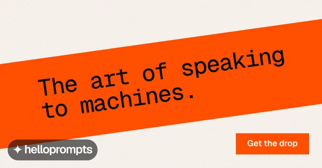 Social ad for HelloPrompts: "The art of speaking to machines." Swiss style, diagonal layout, light palette in white, orange.