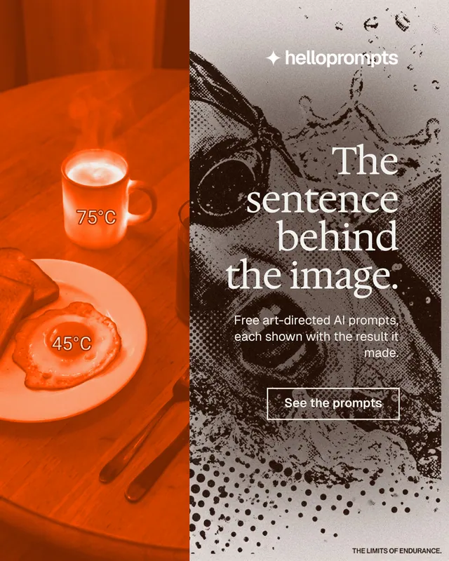 Instagram portrait post for HelloPrompts: "The sentence behind the image." Editorial style, right layout, dark palette in orange, brown, grey.