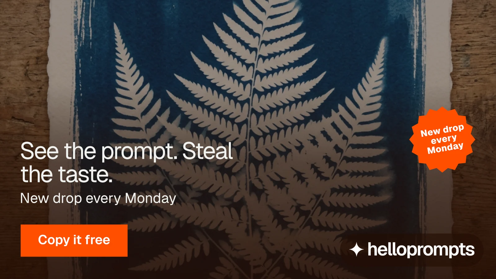 Landscape graphic for HelloPrompts: "See the prompt. Steal the taste." Swiss style, sticker layout, dark palette in orange, blue, grey.