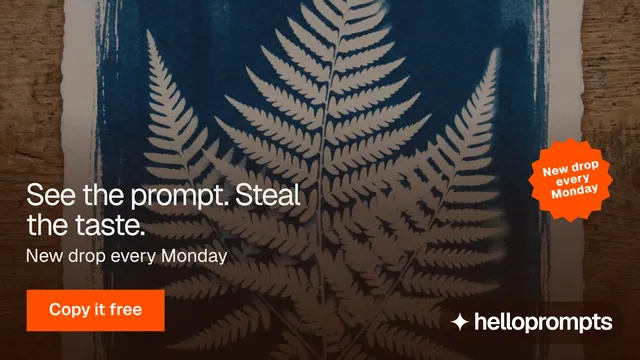 Landscape graphic for HelloPrompts: "See the prompt. Steal the taste." Swiss style, sticker layout, dark palette in orange, blue, grey.