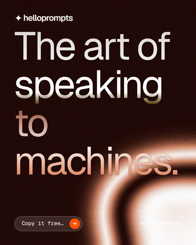 Instagram portrait post for HelloPrompts: "The art of speaking to machines." Agentic glass style, poster layout, dark palette in black, orange, red.
