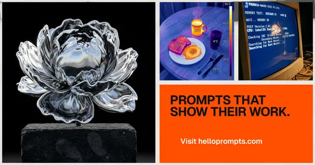 Social ad for HelloPrompts: "Prompts that show their work." Swiss style, collage layout, dark palette in black, red, grey.