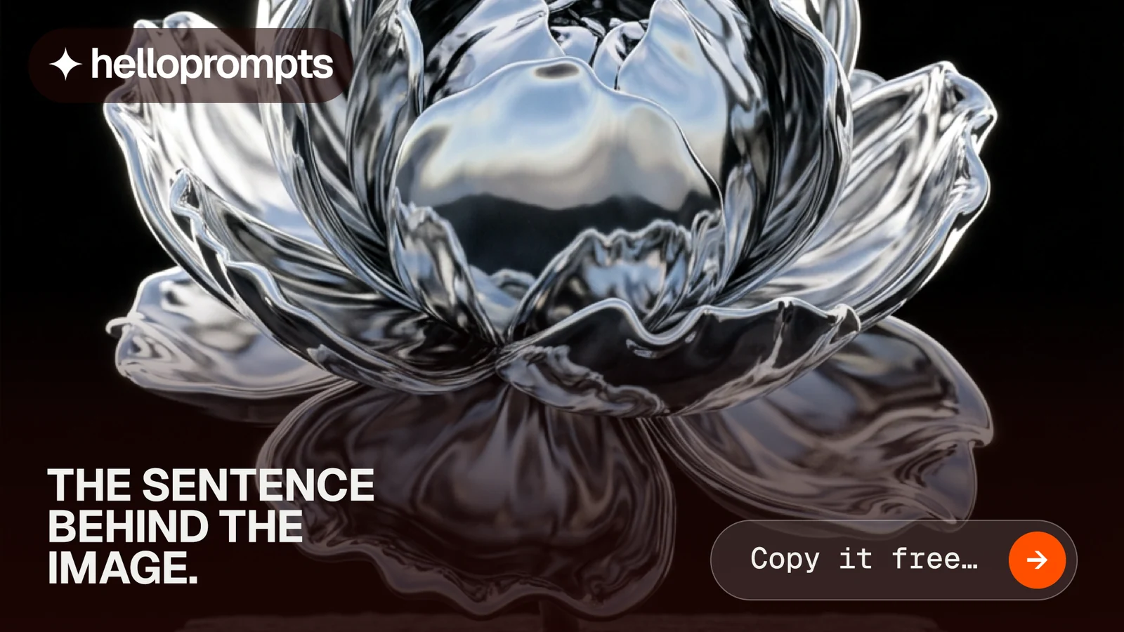 Landscape graphic for HelloPrompts: "The sentence behind the image." Agentic glass style, image led layout, dark palette in black, red, grey.