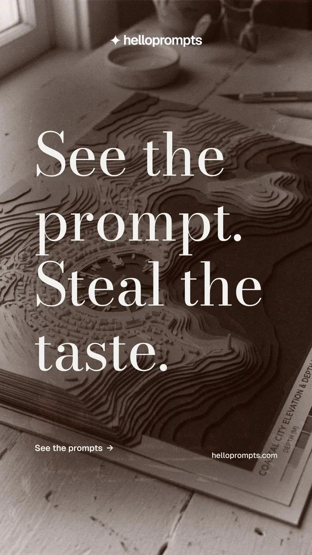 Instagram story for HelloPrompts: "See the prompt. Steal the taste." Minimal luxury style, poster layout, dark palette in orange, grey.
