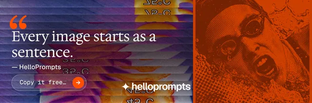 X header for HelloPrompts: "Taste, written down." Agentic glass style, quote layout, dark palette in orange, pink, grey.