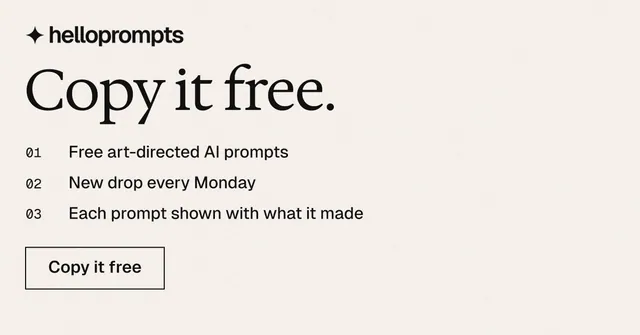 Social ad for HelloPrompts: "Copy it free." Editorial style, numbered layout, light palette in white.
