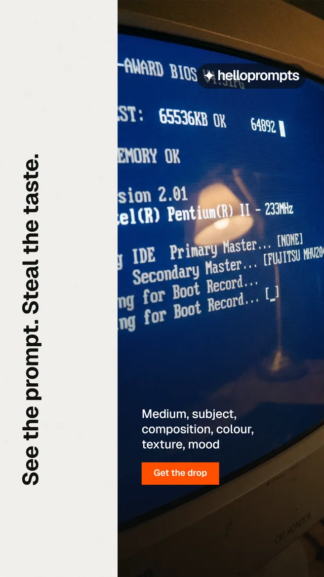 Instagram story for HelloPrompts: "See the prompt. Steal the taste." Swiss style, vertical layout, light palette in white, blue, black.